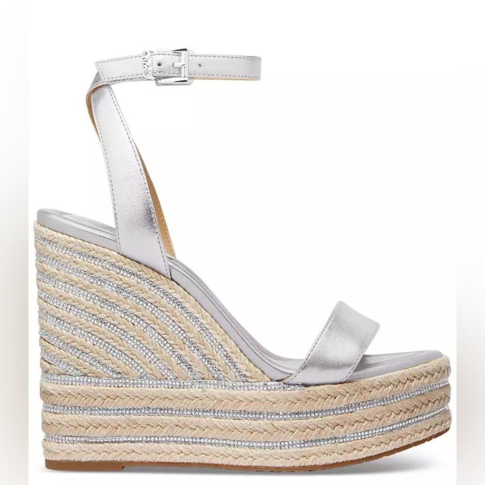 Michael Kors Leighton Metallic Leather Espadrille Wedge Sandals Silver 9 NIB
